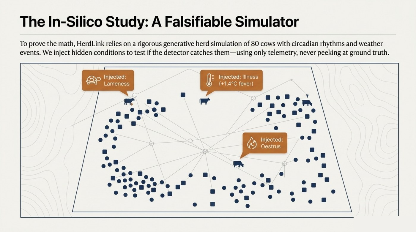 An 80-cow falsifiable simulator with hidden injected conditions