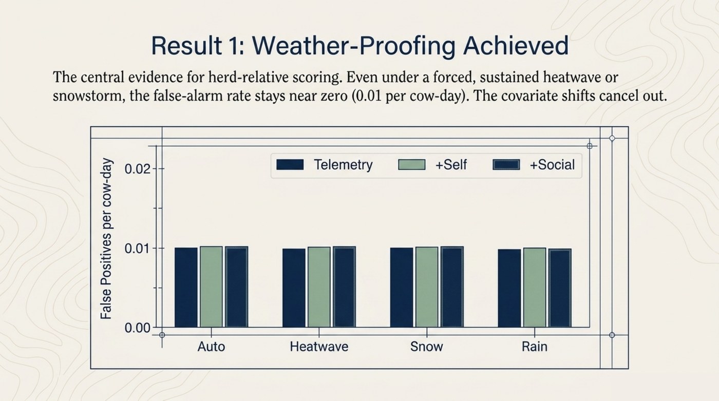 Result 1: false-alarm rate stays near zero across weather regimes